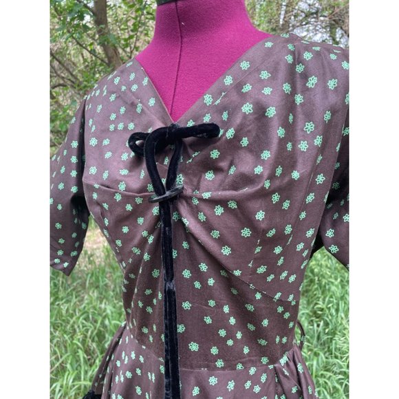 Vintage 1940s Brown Polished Cotton Floral Dress Art Deco - Picture 5 of 16